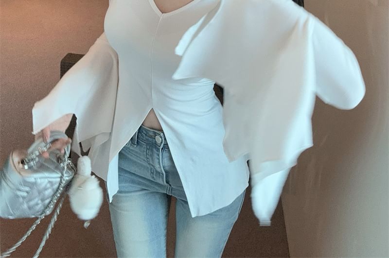Plain V-Neck Fit Slit Long-Sleeve Slim T-Shirt