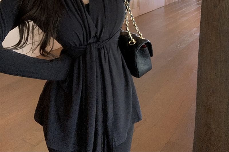 Shawl Tie Cardigan Plain Waist Collar