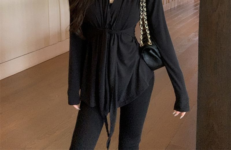 Shawl Tie Cardigan Plain Waist Collar