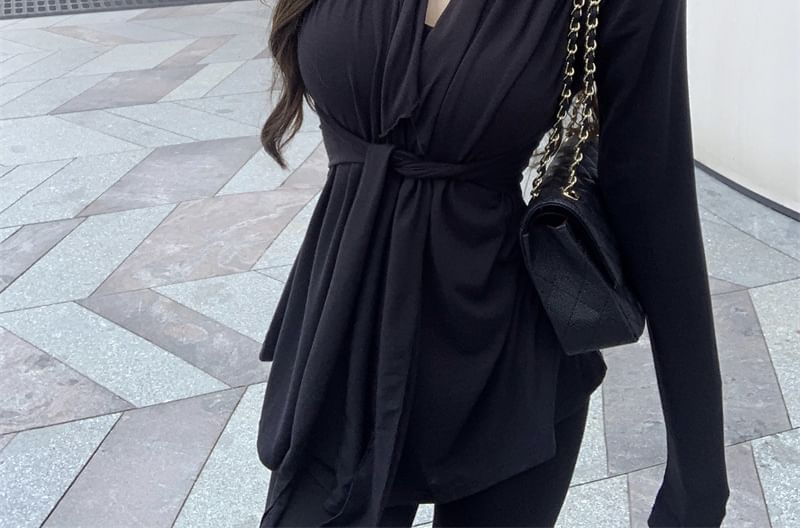 Shawl Tie Cardigan Plain Waist Collar