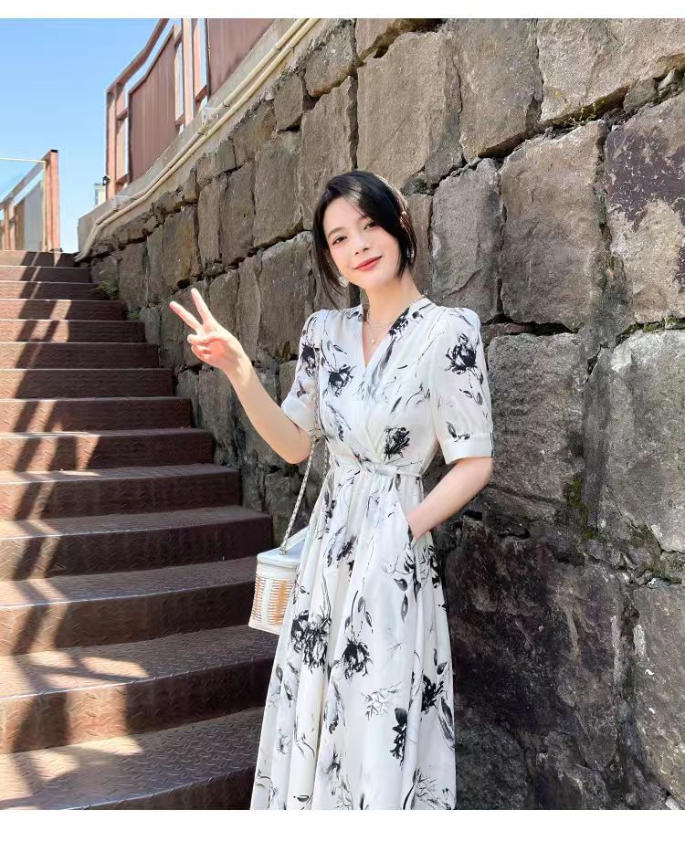 Midi V-Neck Dress Print A-Line Elbow-Sleeve Floral