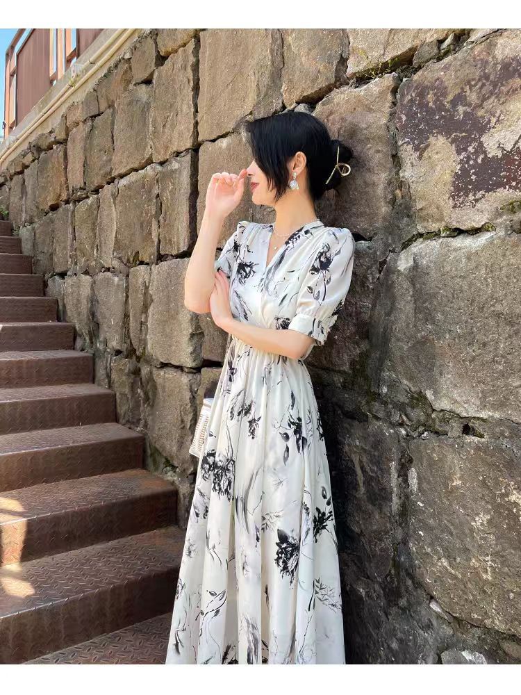 Midi V-Neck Dress Print A-Line Elbow-Sleeve Floral