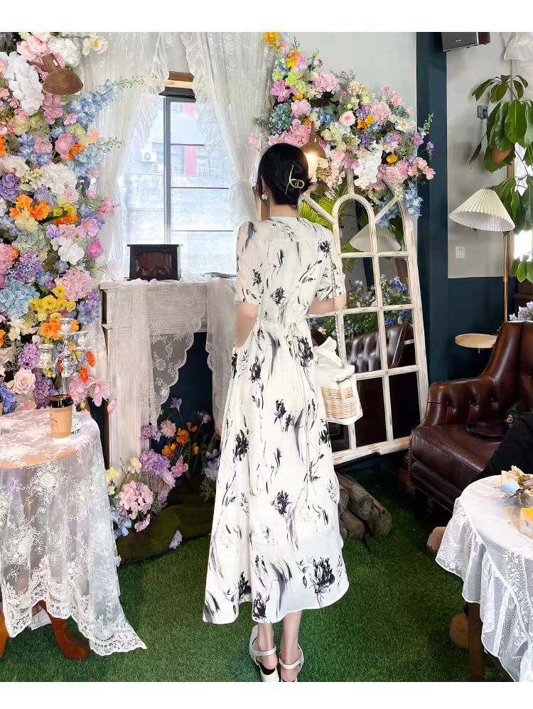 Midi V-Neck Dress Print A-Line Elbow-Sleeve Floral