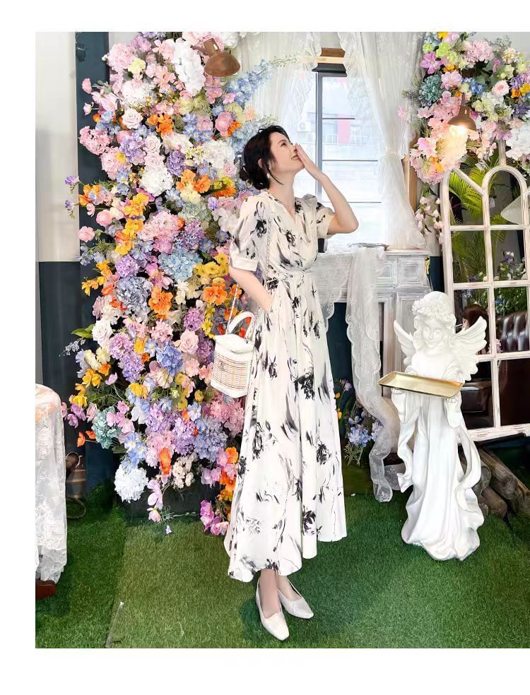 Midi V-Neck Dress Print A-Line Elbow-Sleeve Floral