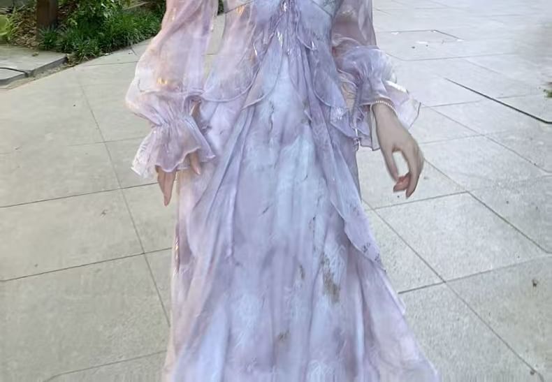 Dye Cold Tie Ruffle Maxi Dress Butterfly A-Line Accent Long-Sleeve Shoulder Trim