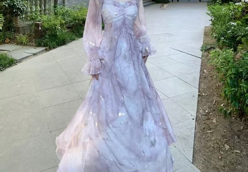 Dye Cold Tie Ruffle Maxi Dress Butterfly A-Line Accent Long-Sleeve Shoulder Trim