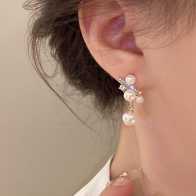 / Rhinestone Pearl Faux On Clip Earring Drop