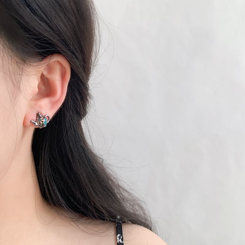On Teapot Flower Earring Stud / Clip Enamel Asymmetrical