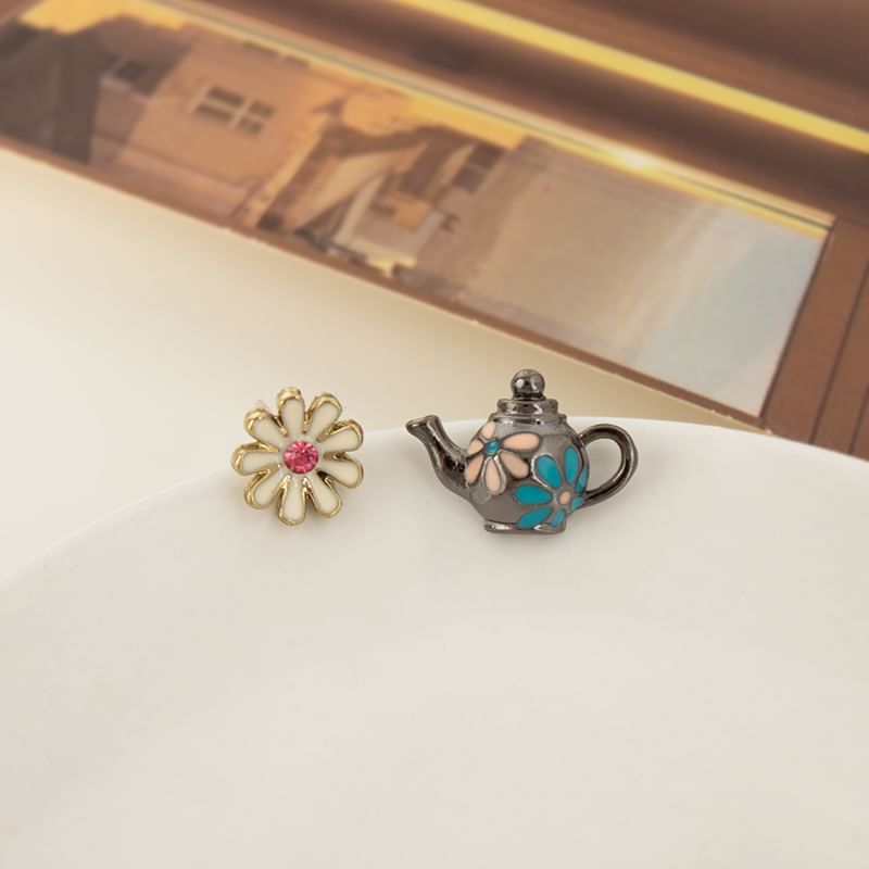 On Teapot Flower Earring Stud / Clip Enamel Asymmetrical