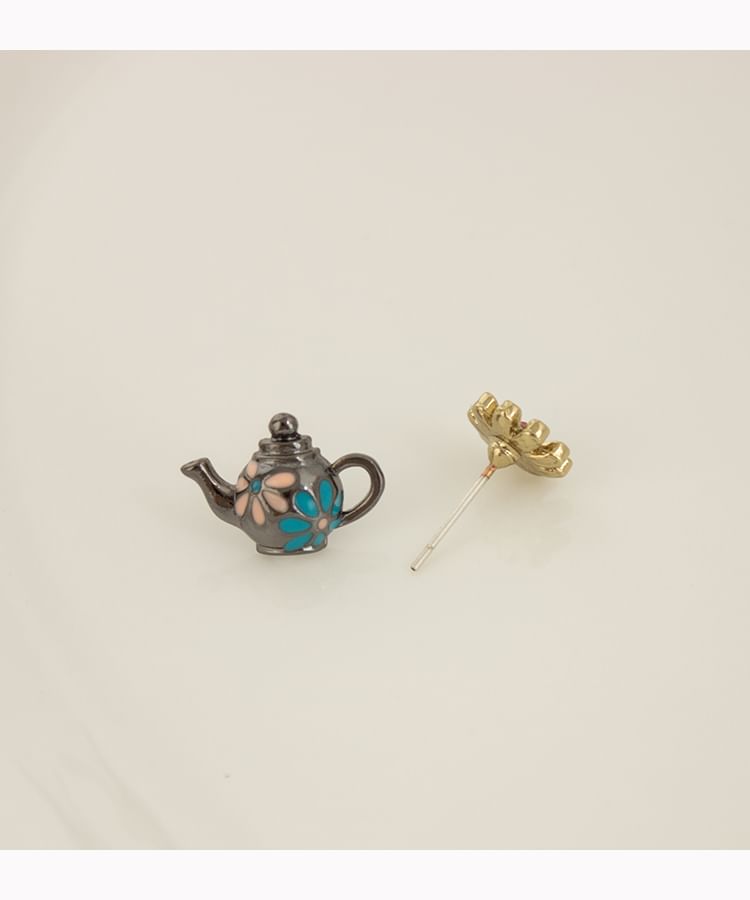 On Teapot Flower Earring Stud / Clip Enamel Asymmetrical