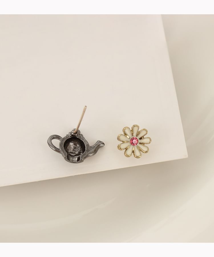 On Teapot Flower Earring Stud / Clip Enamel Asymmetrical