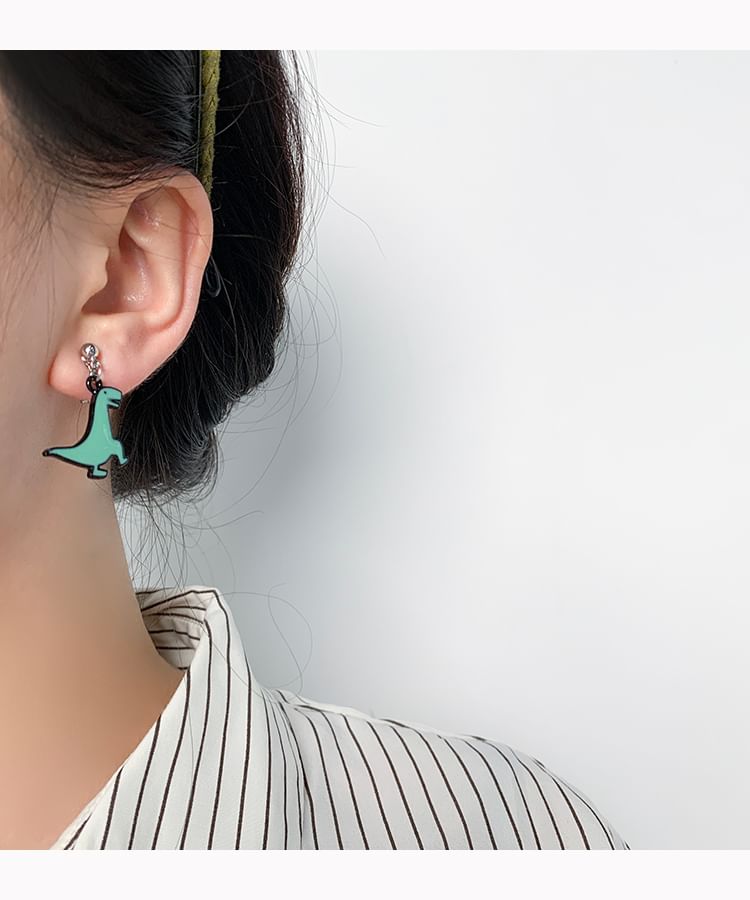 On Cartoon Clip Dinosaur Asymmetrical Drop Earring