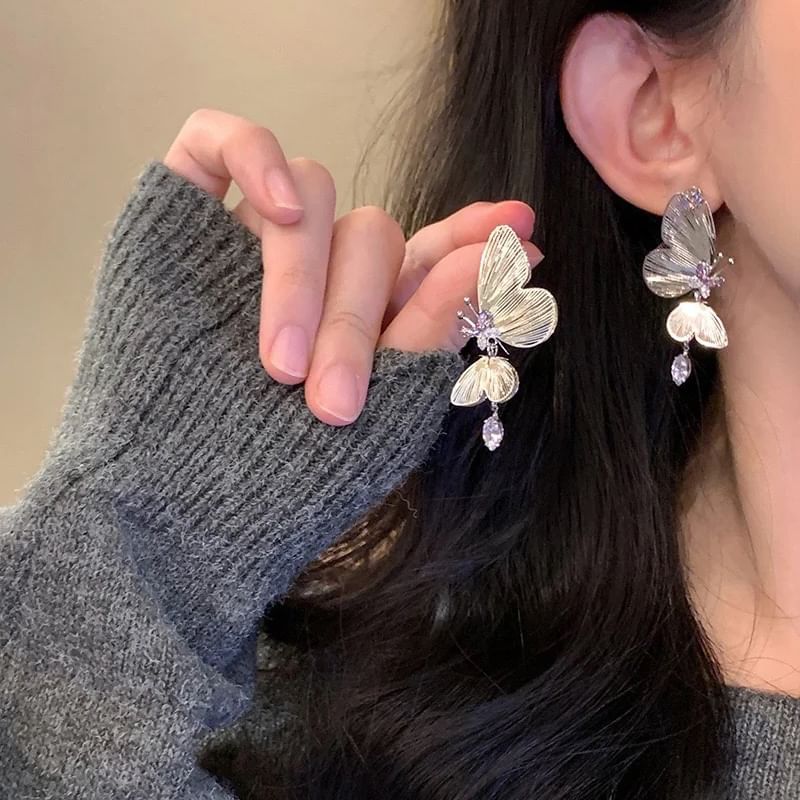On Earring Butterfly / Drop Rhinestone Clip