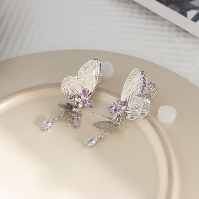 On Earring Butterfly / Drop Rhinestone Clip