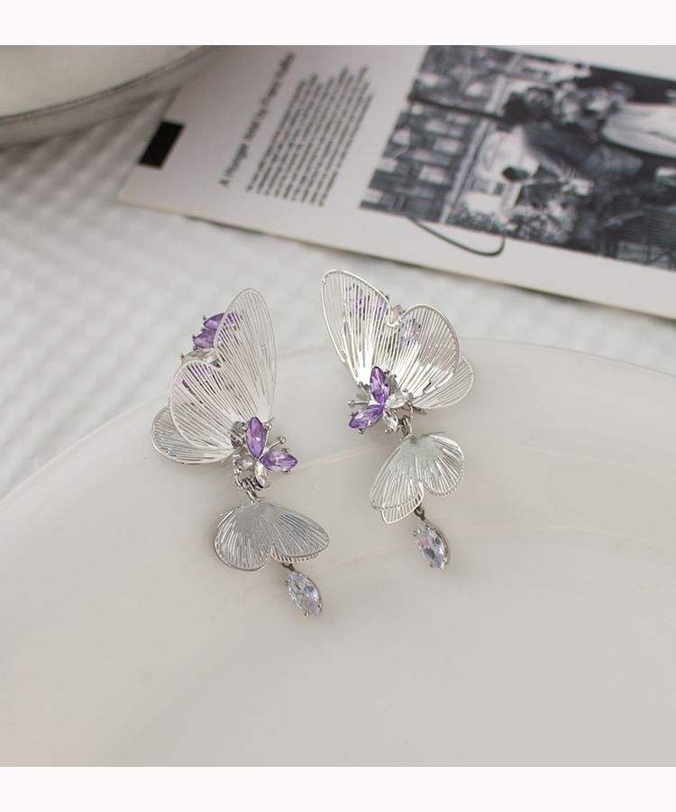 On Earring Butterfly / Drop Rhinestone Clip