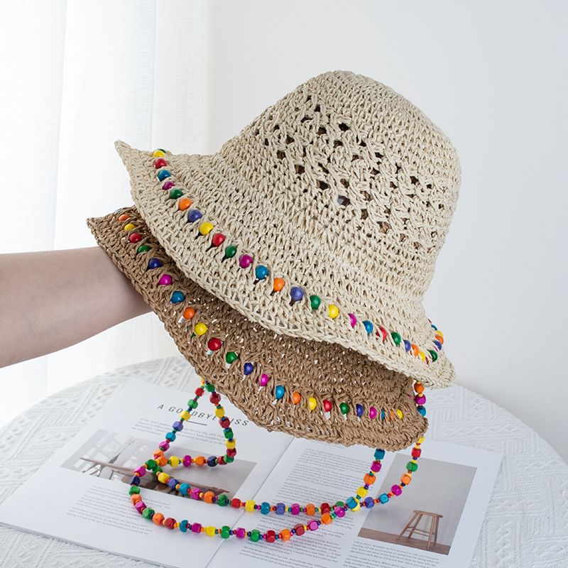 Straw Bucket Beaded Hat