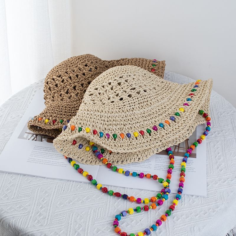 Straw Bucket Beaded Hat