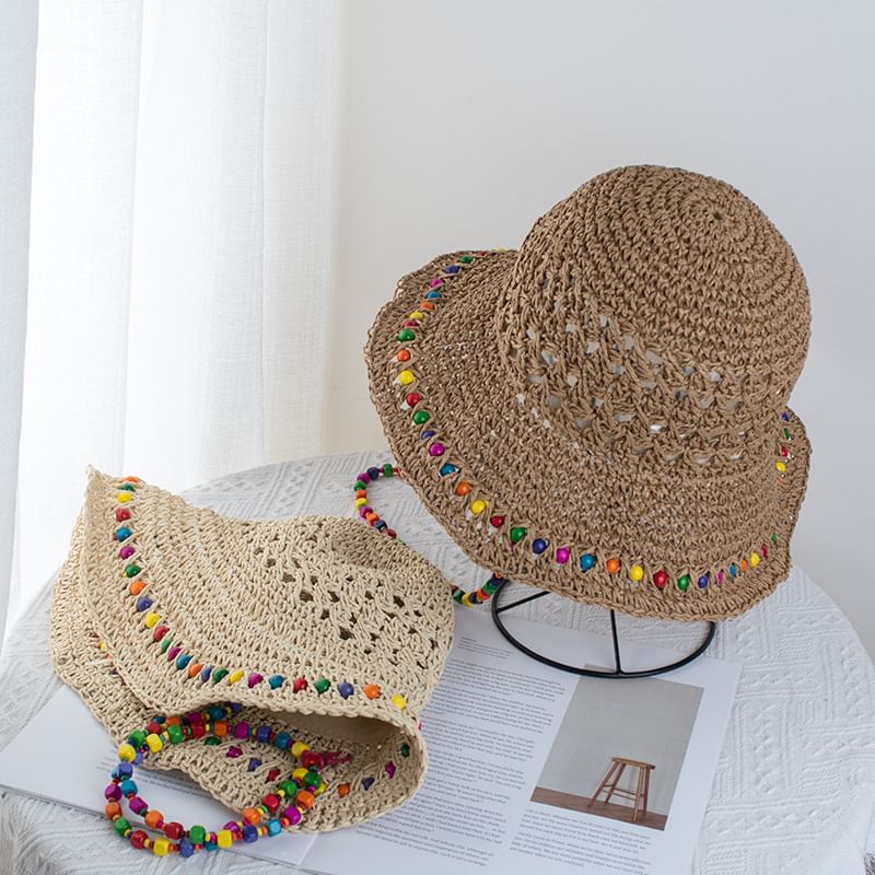 Straw Bucket Beaded Hat