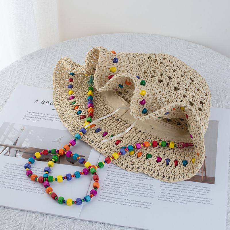 Straw Bucket Beaded Hat