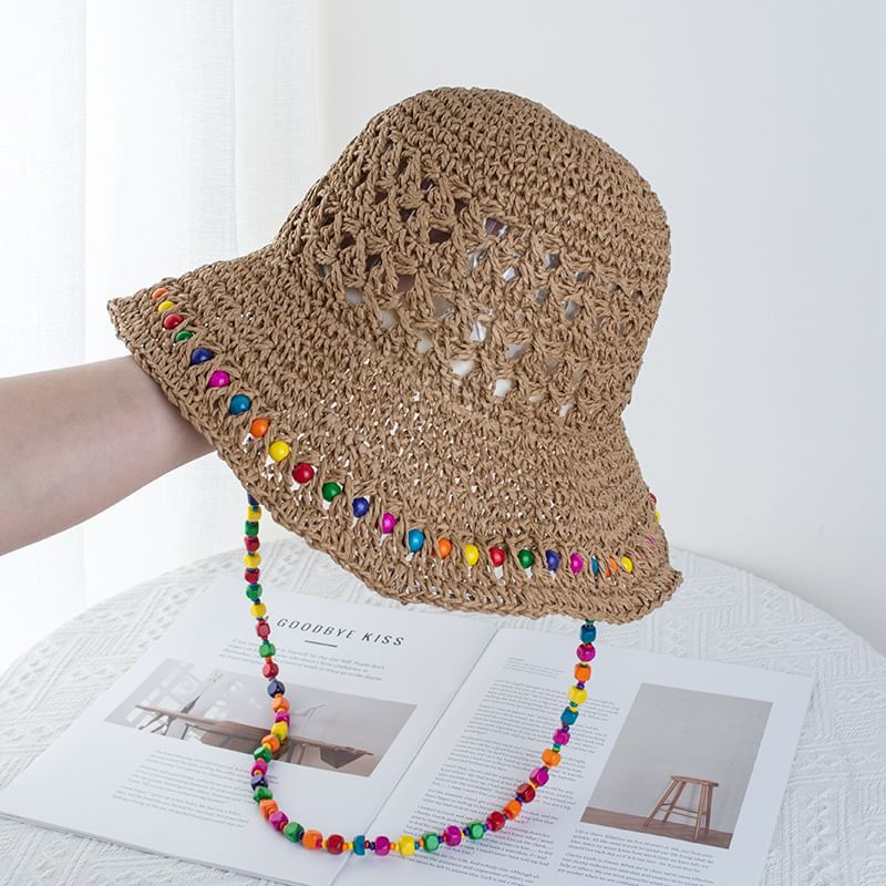 Straw Bucket Beaded Hat