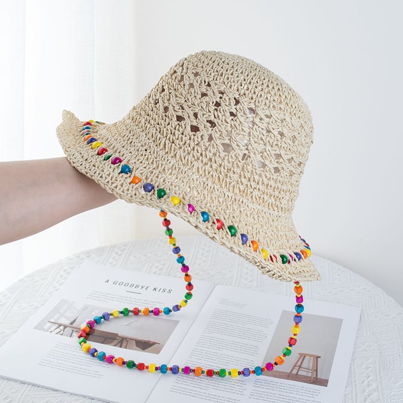 Straw Bucket Beaded Hat