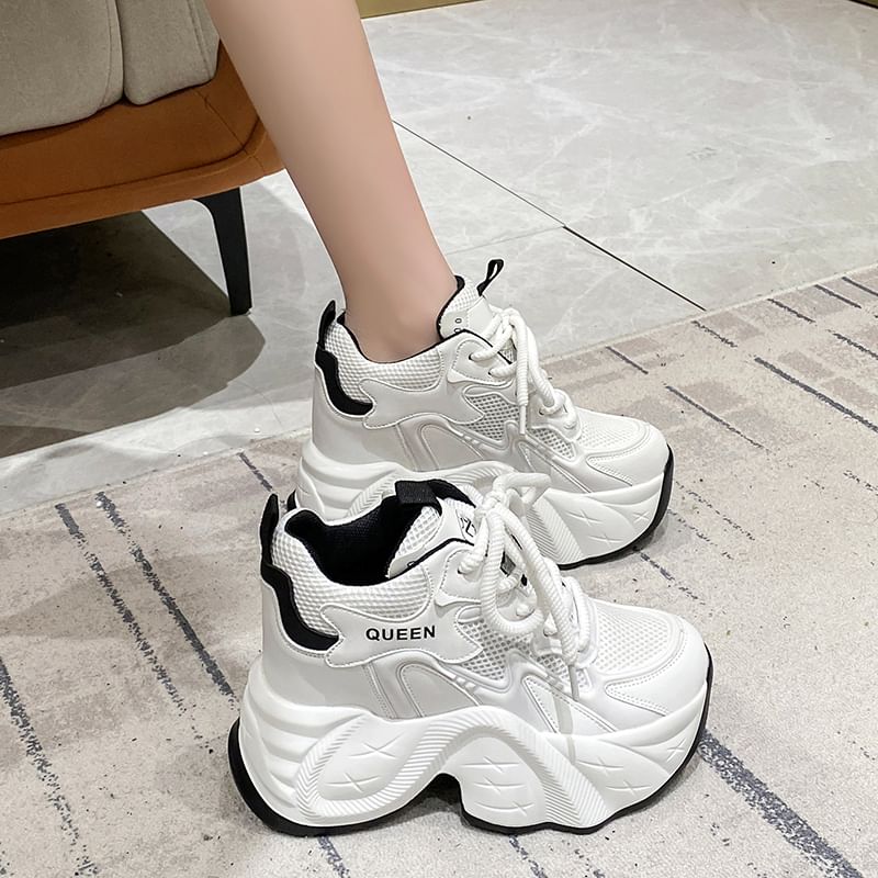 Panel Sneakers Lace-Up Hidden Mesh Wedge Faux Leather