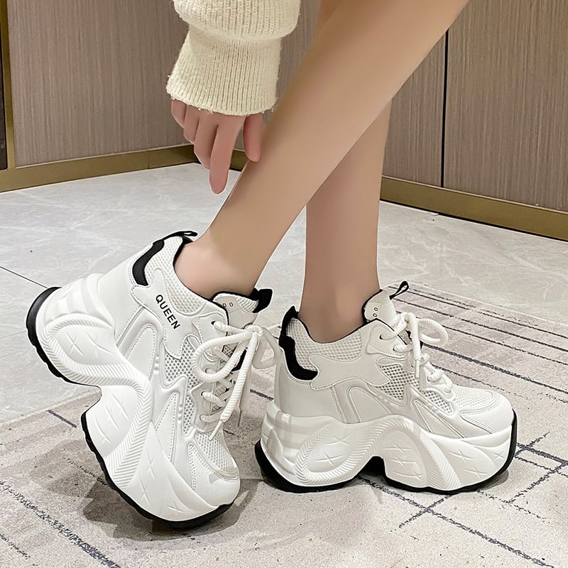 Panel Sneakers Lace-Up Hidden Mesh Wedge Faux Leather