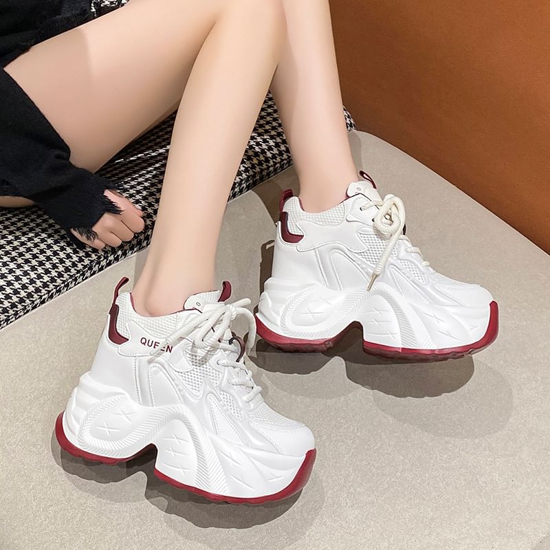 Panel Sneakers Lace-Up Hidden Mesh Wedge Faux Leather