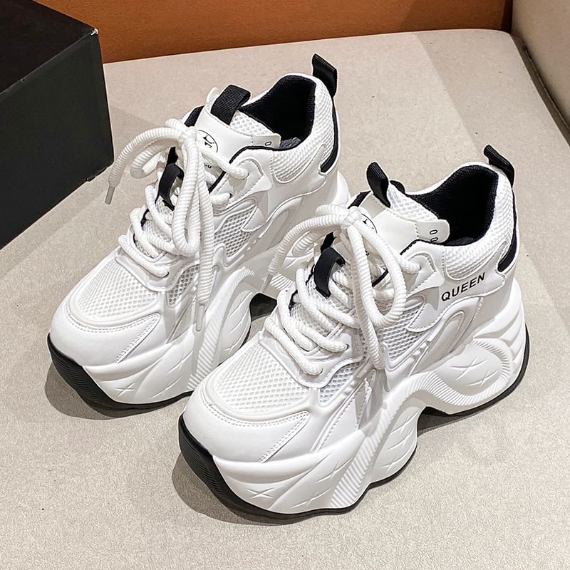 Panel Sneakers Lace-Up Hidden Mesh Wedge Faux Leather
