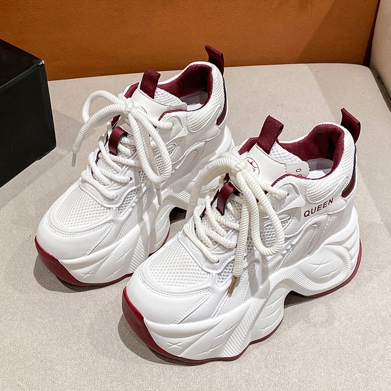 Panel Sneakers Lace-Up Hidden Mesh Wedge Faux Leather