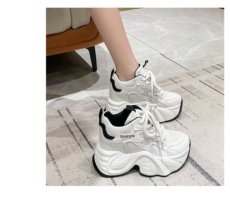 Panel Sneakers Lace-Up Hidden Mesh Wedge Faux Leather