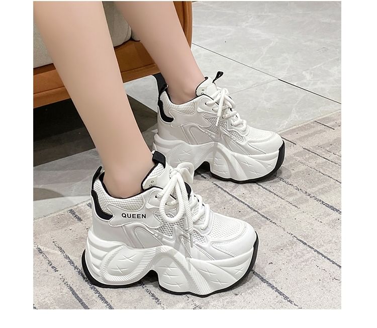 Panel Sneakers Lace-Up Hidden Mesh Wedge Faux Leather