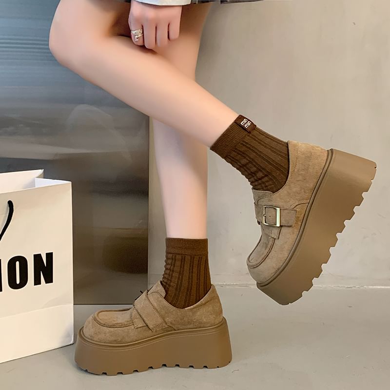 Shoes Plain Faux Buckled Platform Suede