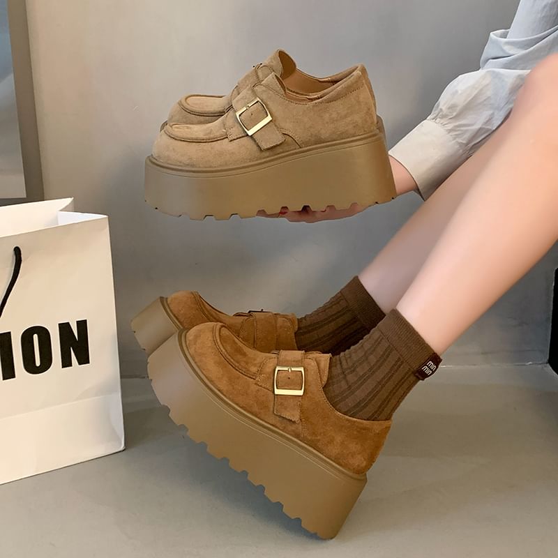 Shoes Plain Faux Buckled Platform Suede