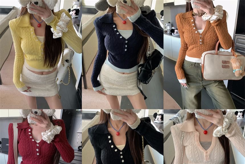 Cable-Knit Sweater Two-Piece Mock Collar Tone Two Cropped