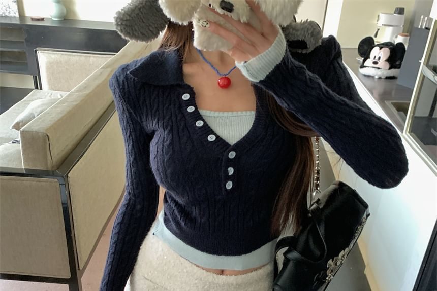 Cable-Knit Sweater Two-Piece Mock Collar Tone Two Cropped