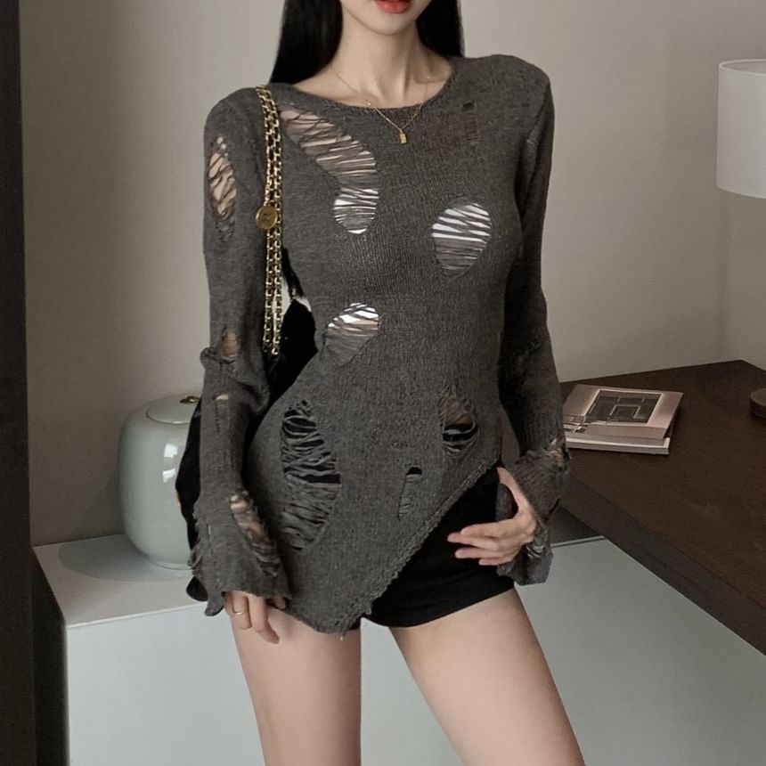 Top Plain Long Knit Sleeve Neck Crew Distressed