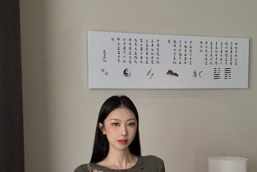 Top Plain Long Knit Sleeve Neck Crew Distressed