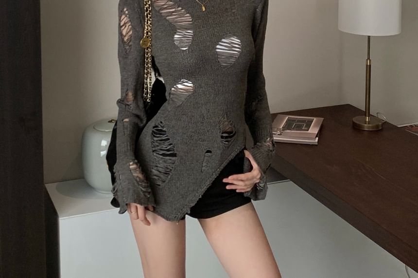 Top Plain Long Knit Sleeve Neck Crew Distressed