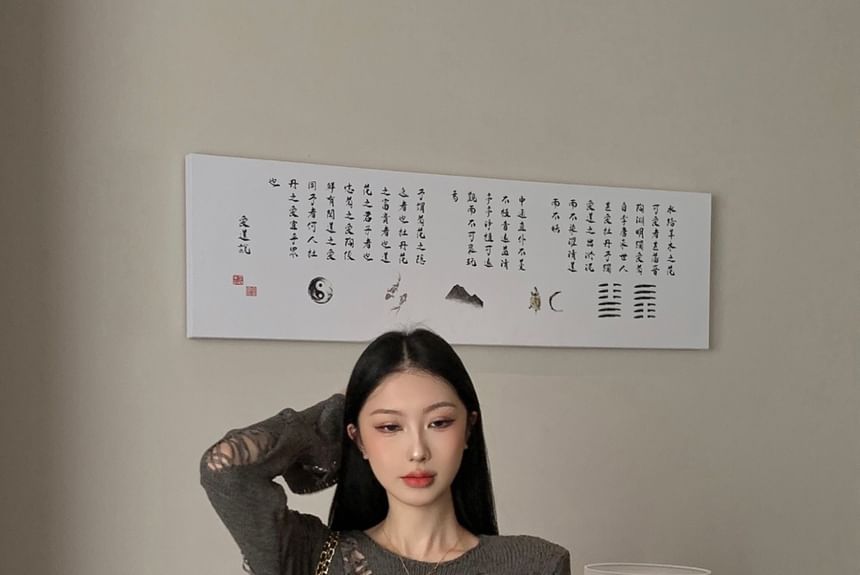 Top Plain Long Knit Sleeve Neck Crew Distressed