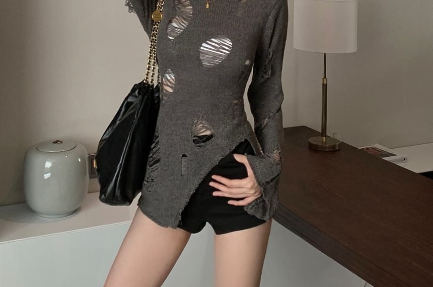 Top Plain Long Knit Sleeve Neck Crew Distressed