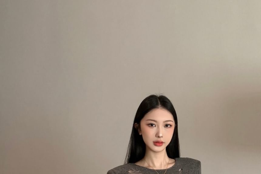 Top Plain Long Knit Sleeve Neck Crew Distressed