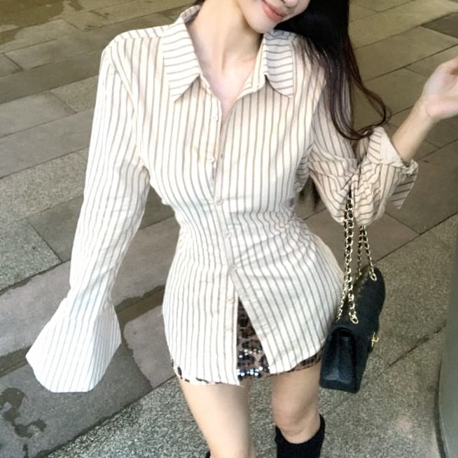 Shirt Waist Up Pencil Long-Sleeve Print Striped / Skirt Mini Button High Collared Leopard