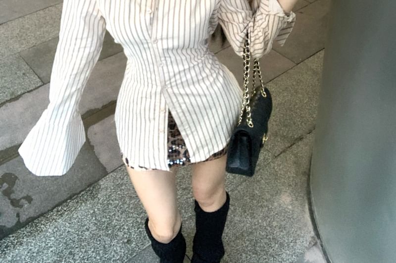 Shirt Waist Up Pencil Long-Sleeve Print Striped / Skirt Mini Button High Collared Leopard