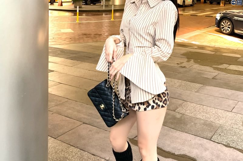 Shirt Waist Up Pencil Long-Sleeve Print Striped / Skirt Mini Button High Collared Leopard