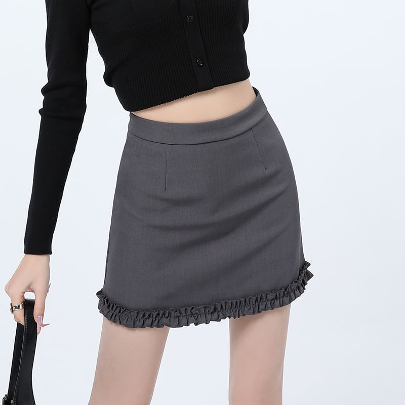 Ruffle Trim Mini Plain High Pencil Waist Skirt