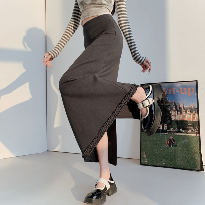 Slit Trim High Skirt A-Line Midi Plain Waist Ruffle