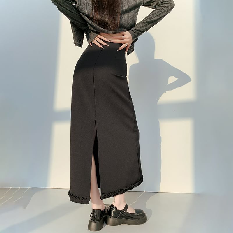 Slit Trim High Skirt A-Line Midi Plain Waist Ruffle