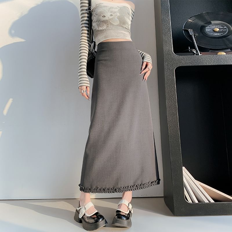 Slit Trim High Skirt A-Line Midi Plain Waist Ruffle