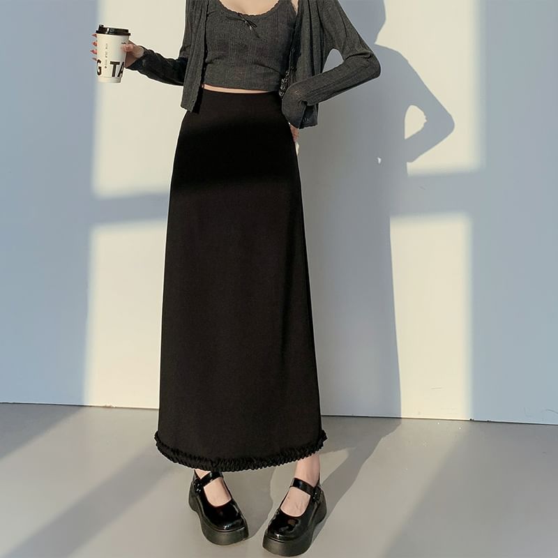 Slit Trim High Skirt A-Line Midi Plain Waist Ruffle